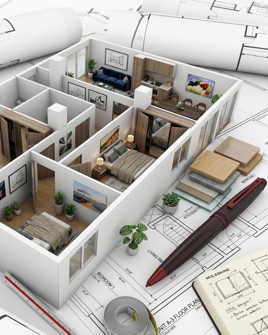 Mimari kat planı ve teknik çizimler üzerinde yer alan 3D maket ev modeli ve çizim kalemi