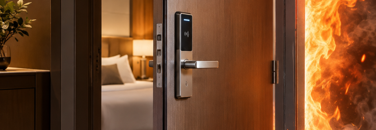 Yangına dayanıklı ahşap malzemeden üretilmiş otel oda kapısı ve kilit sistemi